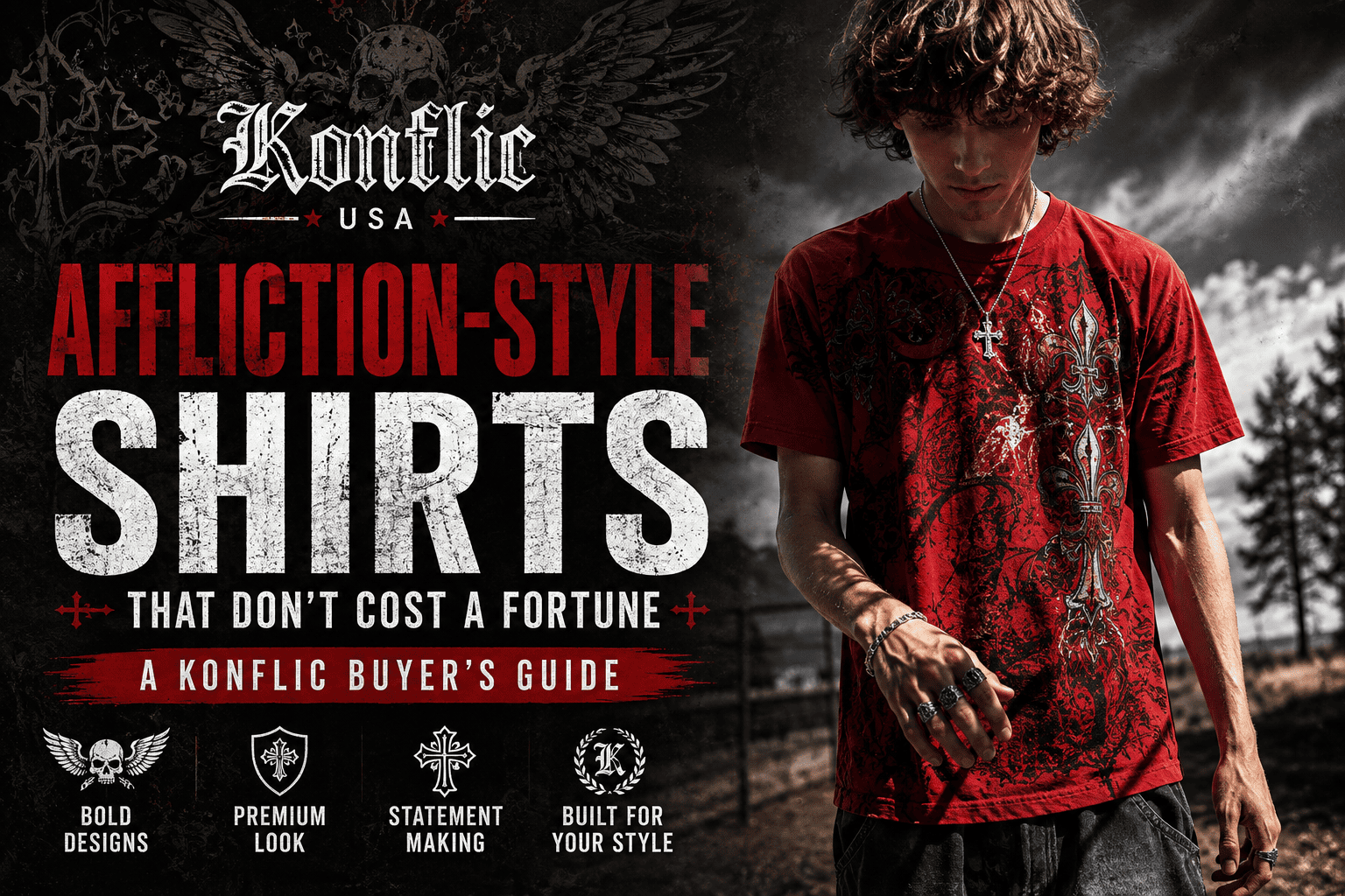 Affliction-style shirts featuring bold graphic designs by Konflic USA