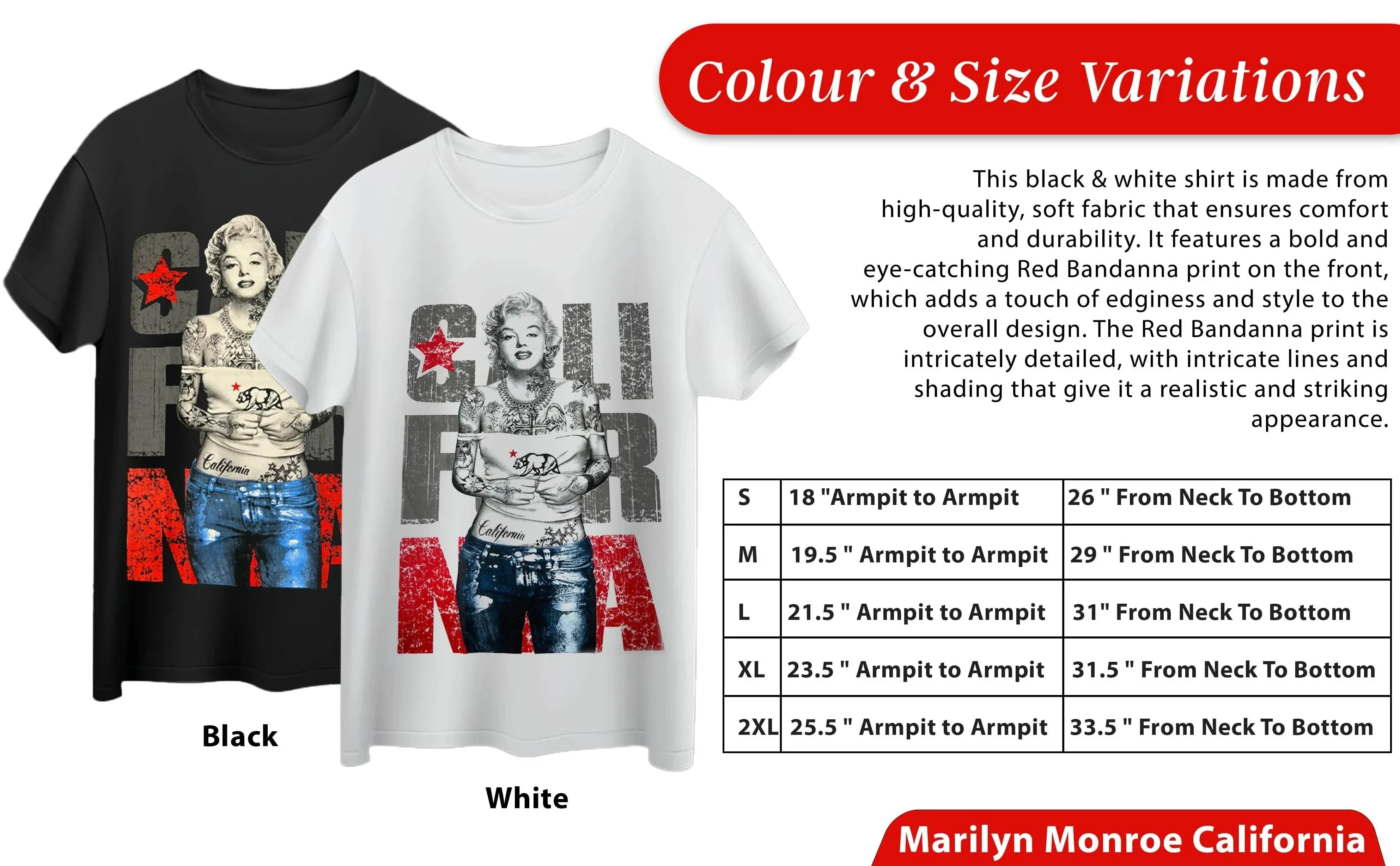Black and white graphic t-shirts with tattooed woman, California print, red accents, size chart visible.