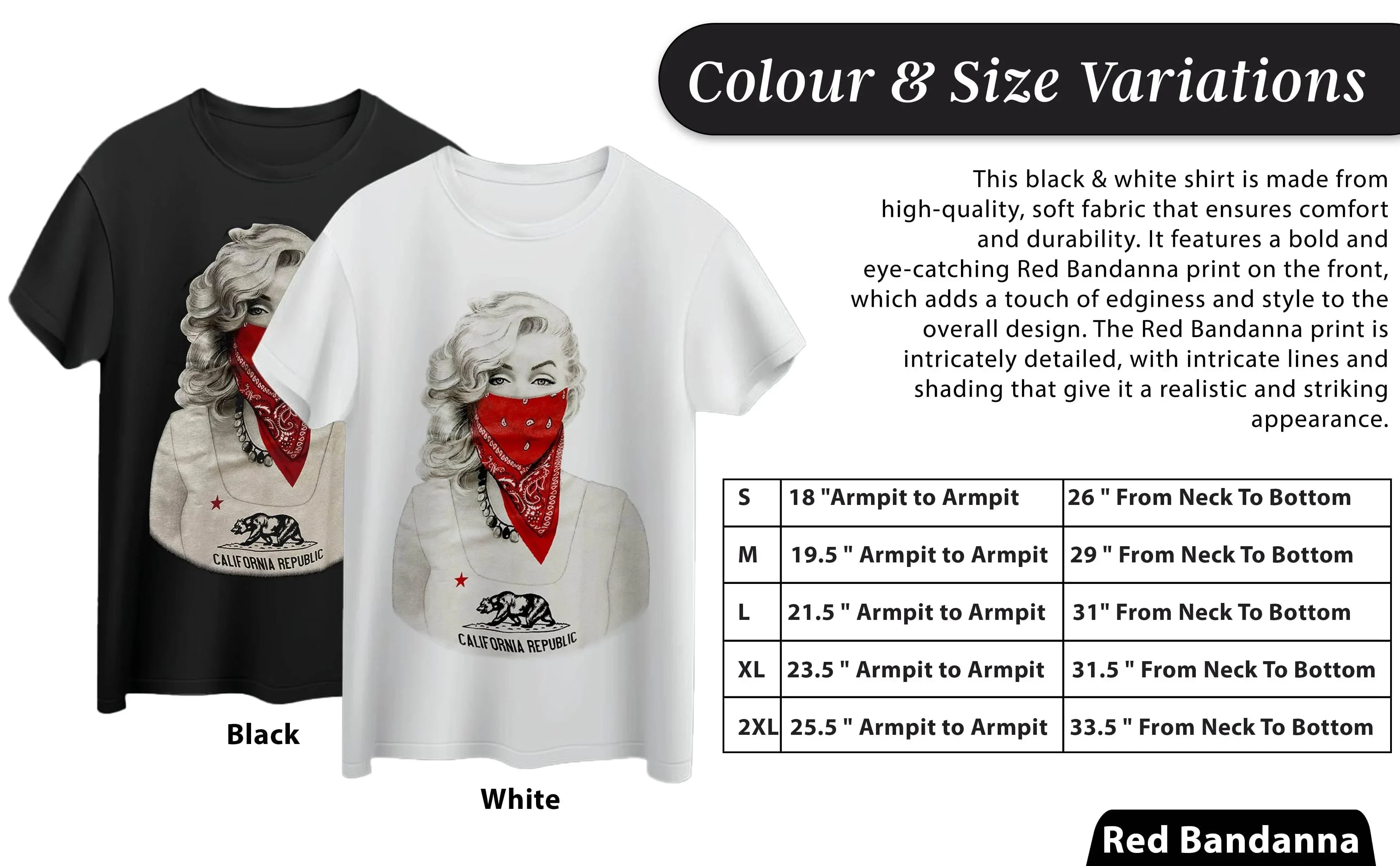 Black and white graphic tees featuring a woman with a red bandana print and California Republic design.