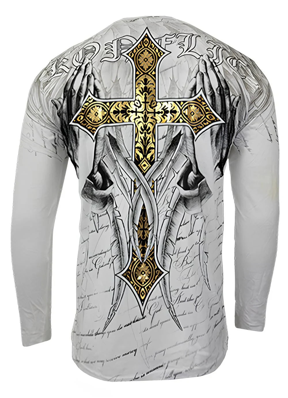 Konflic Praying Hands and Cross Graphic Long Sleeve tee