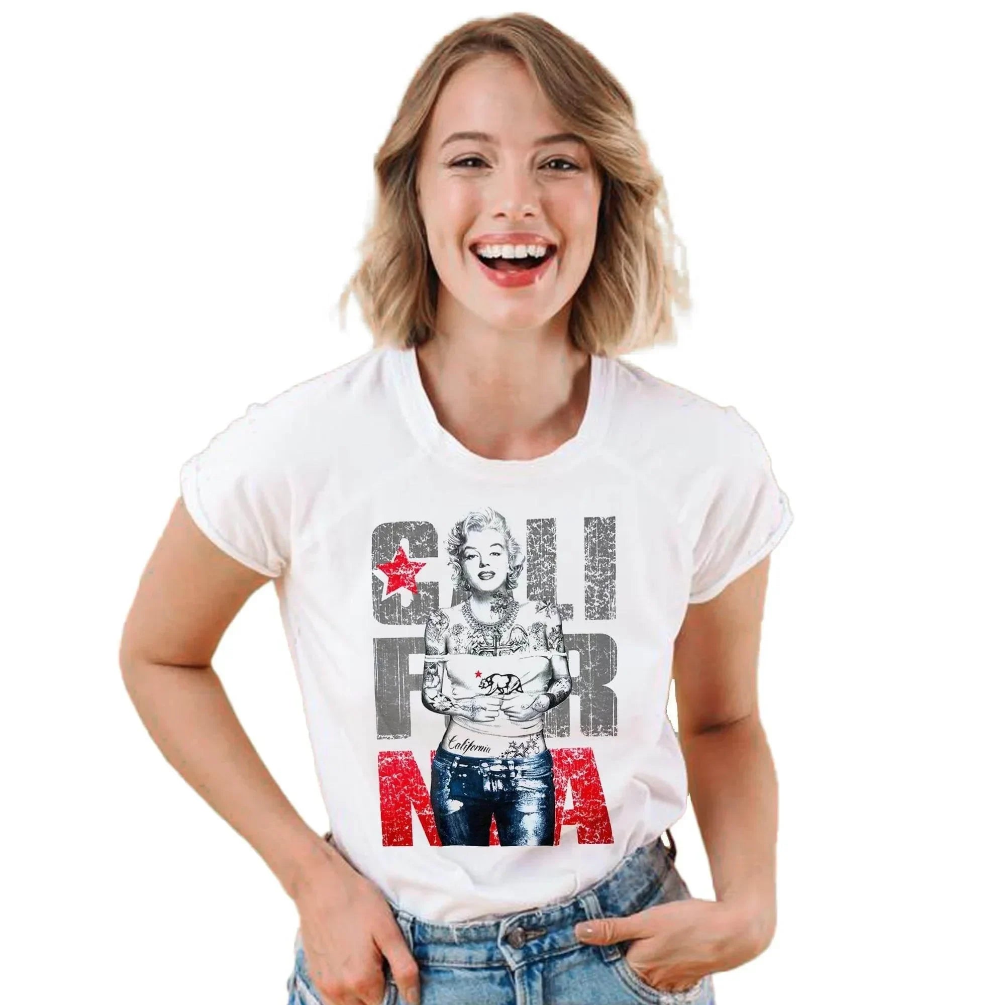 Woman in white California graphic tee with star and tattooed figure, casual streetwear style