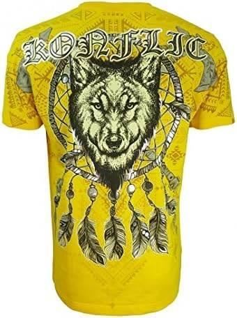 Yellow graphic tee with wolf and dreamcatcher design, bold gothic text, streetwear style