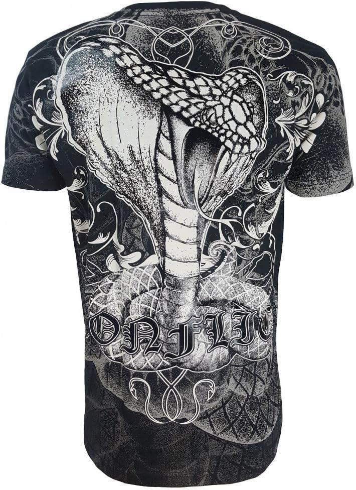 Black graphic tee with a large white cobra snake design and gothic lettering on the back.