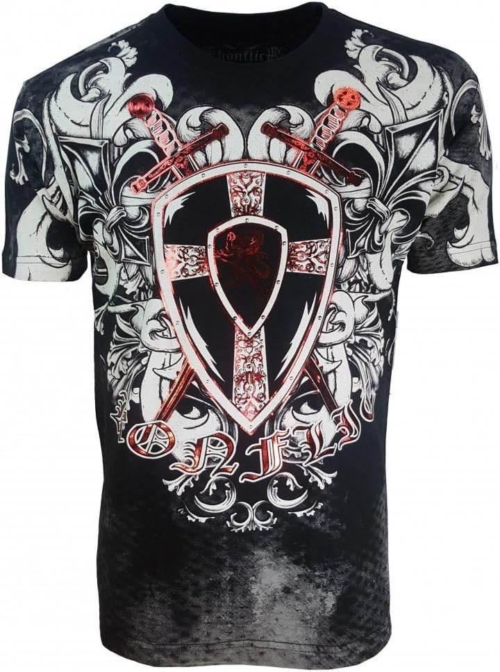 Black gothic graphic t-shirt with red shield, crossed swords, and ornate skull and fleur-de-lis design.