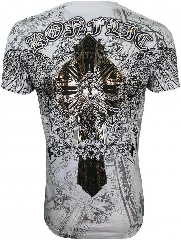 White gothic graphic tee with black ornate cross, wing artwork, and bold Konflic text on back.