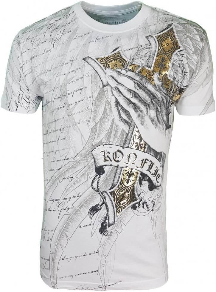 White cotton graphic tee with gothic praying hands, ornate cross, and handwritten script design