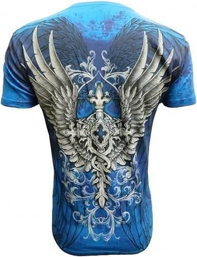 Blue gothic graphic t-shirt with large silver wing and cross design, streetwear style.