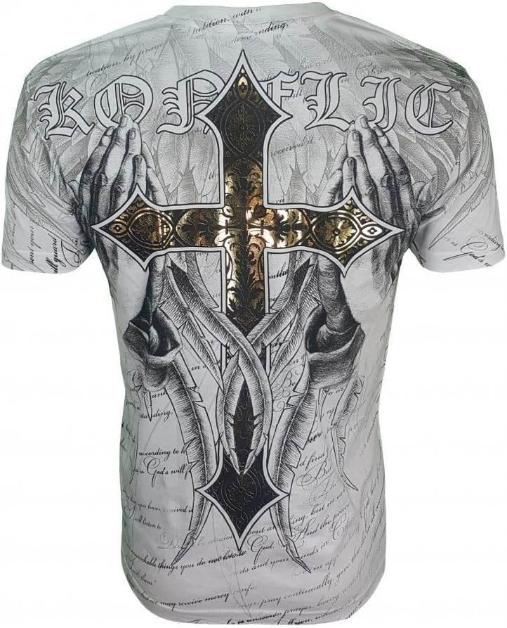 White gothic graphic tee with large ornate cross, praying hands, and script print on back.