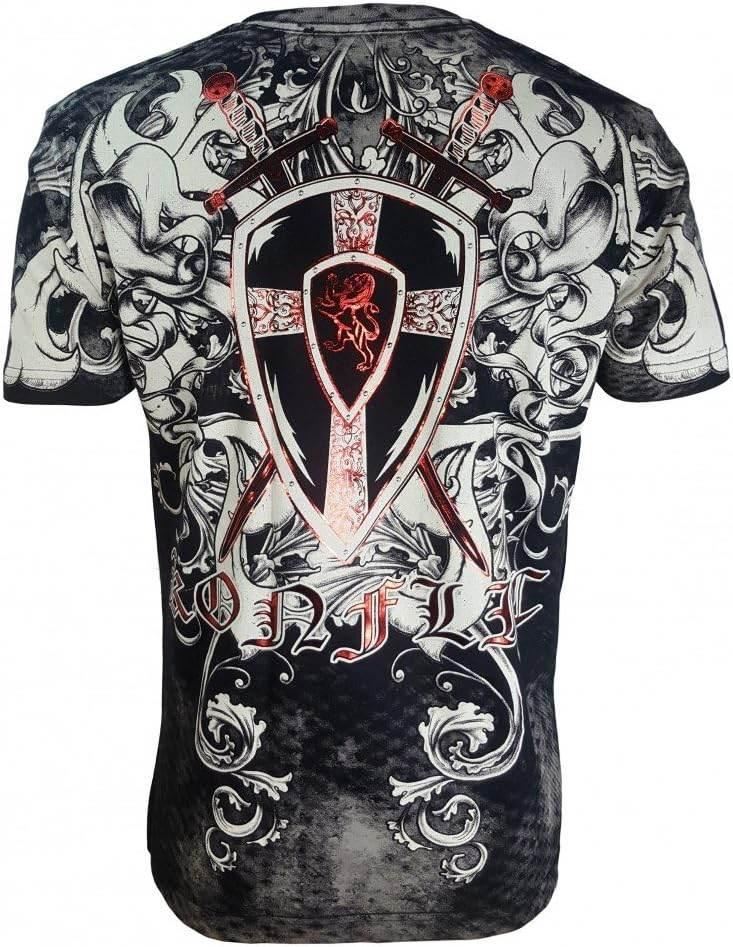 Gothic graphic t-shirt with shield, swords, cross, and ornate skull patterns, alternative fashion