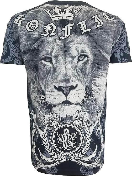 Black graphic t-shirt with large lion face, crown, gothic letters, and ornate design accents