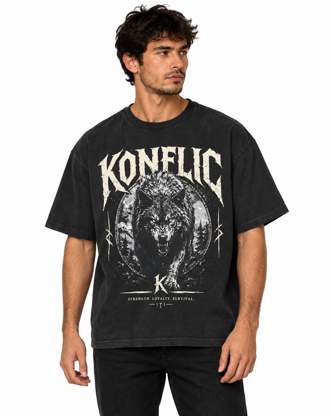 Konflic men's oversized dire wolf graphic t-shirt in cream, front view
