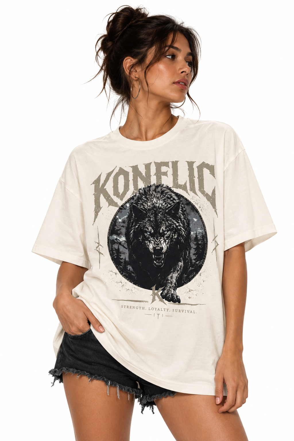 Women wearing white oversized boxy fit wolf graphic tee, streetwear style