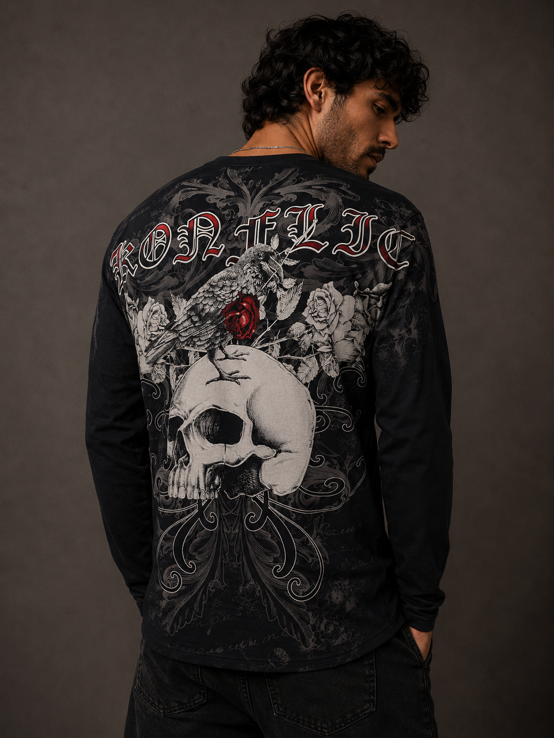 Konflic Skull And Rose Graphic Long Sleeve T-Shirt "Red Foil"