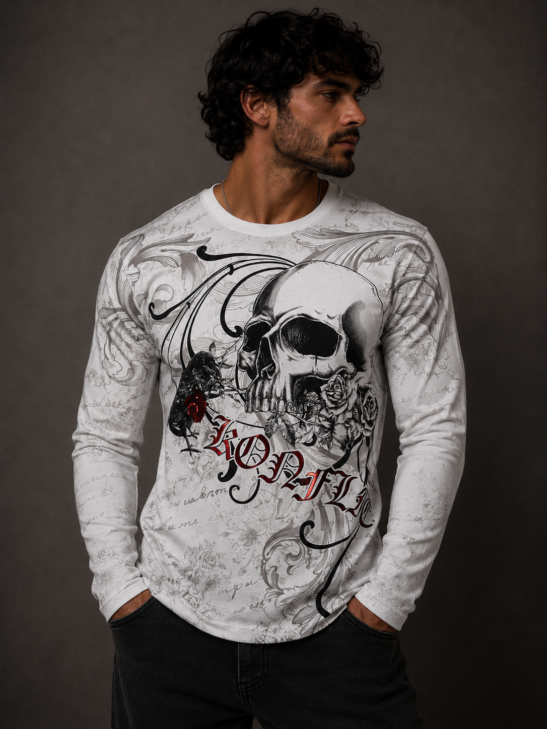 Konflic Skull And Rose Graphic Long Sleeve T-Shirt "Red Foil"