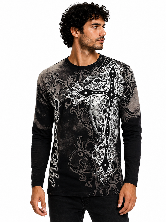 Konflic Men's Giant Gothic Cross Graphic All Over Print Long Sleeve T-Shirt