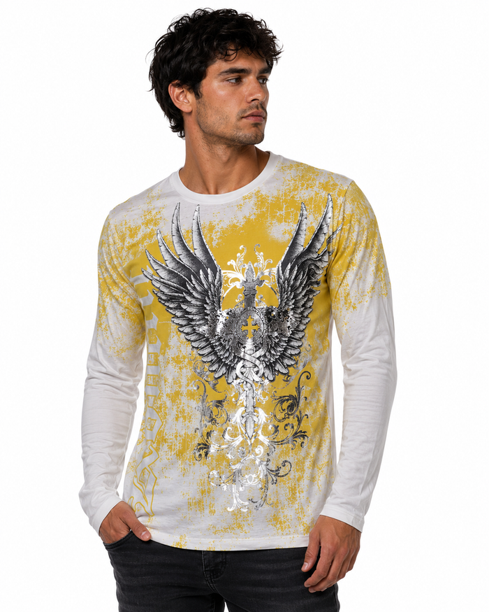 Konflic Men's Winged Sword & Golden Cross Graphic All Over Print Long Sleeve T-Shirt