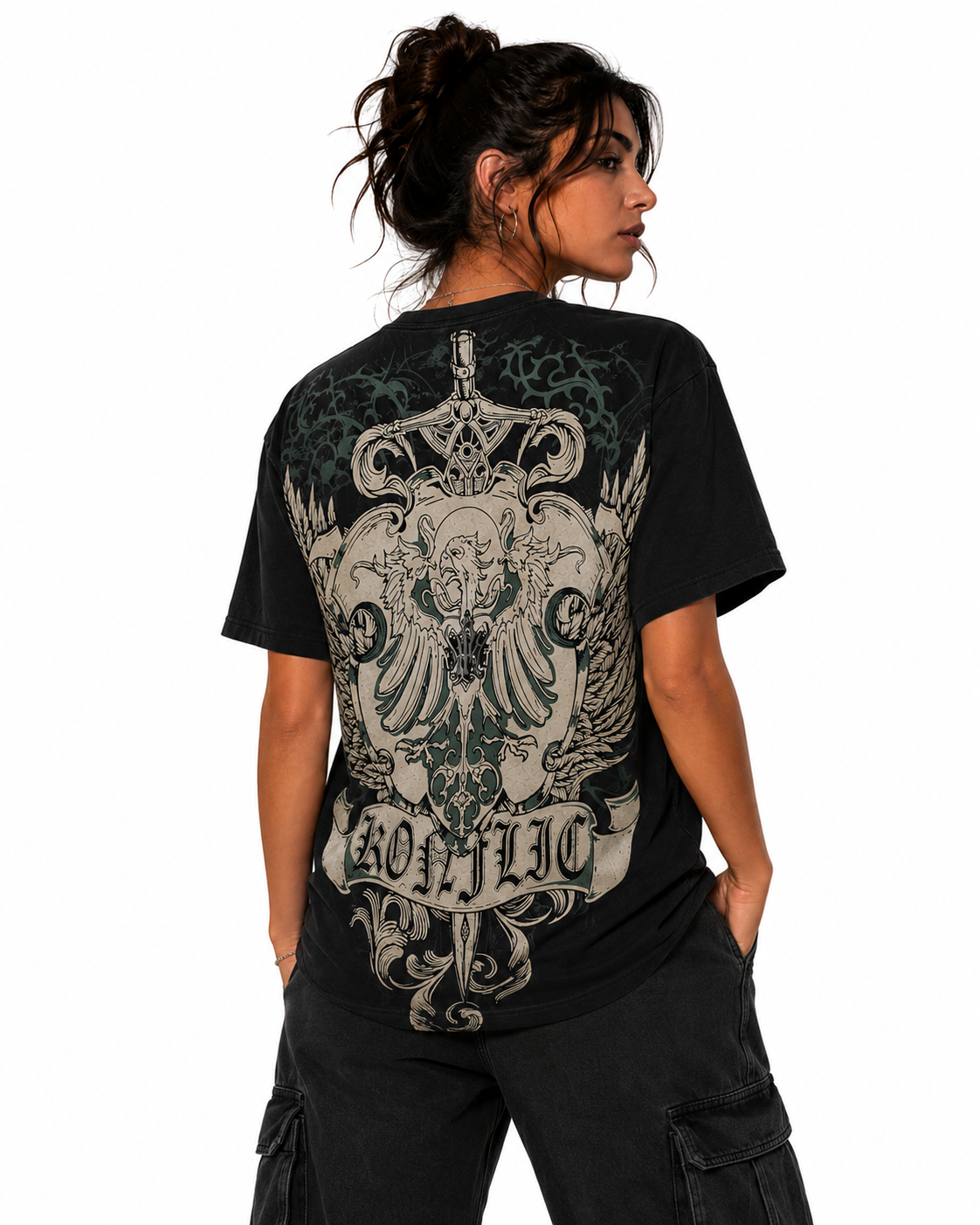 Konflic Men's Spirit of The Gladiator Shield & Crown "Rhinestone" Graphic All Over Print T-Shirt