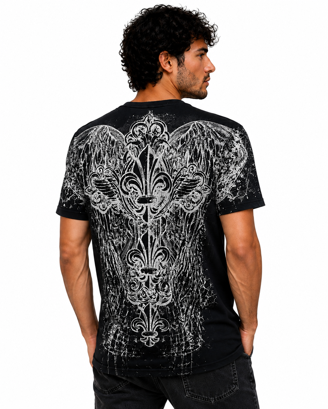 Konflic Men's Winged Fleur-De-Lis with Cross Graphic T Shirt
