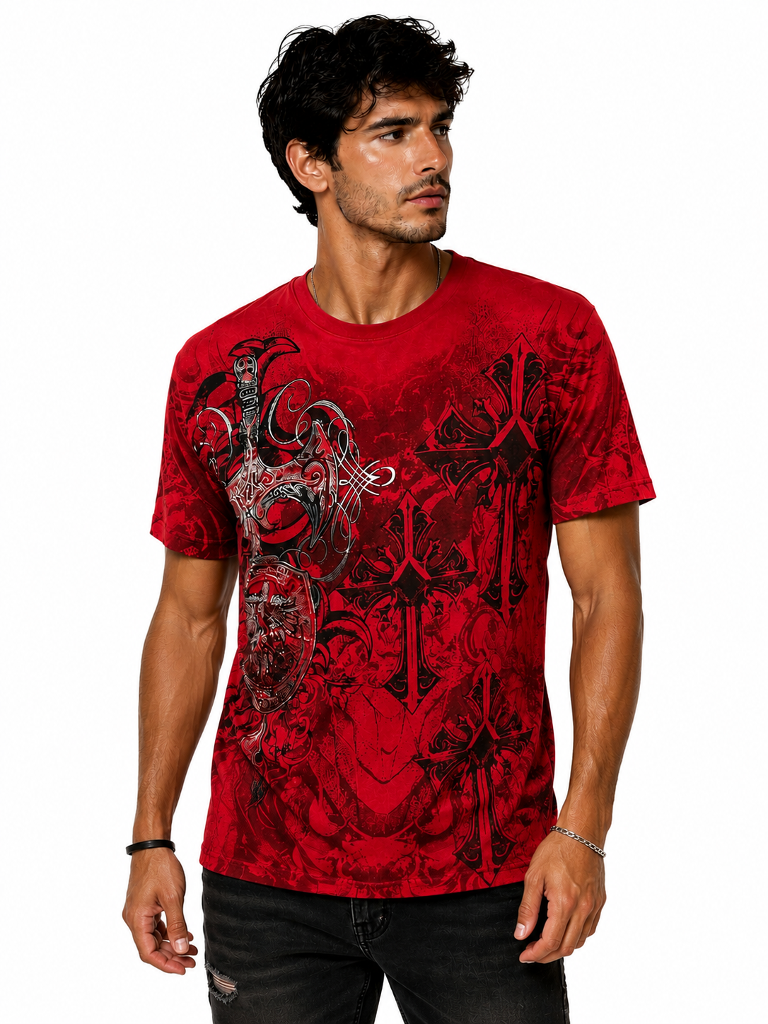 Konflic Gothic Cross & Medieval Sword Graphic All Over Print Men's T-Shirt
