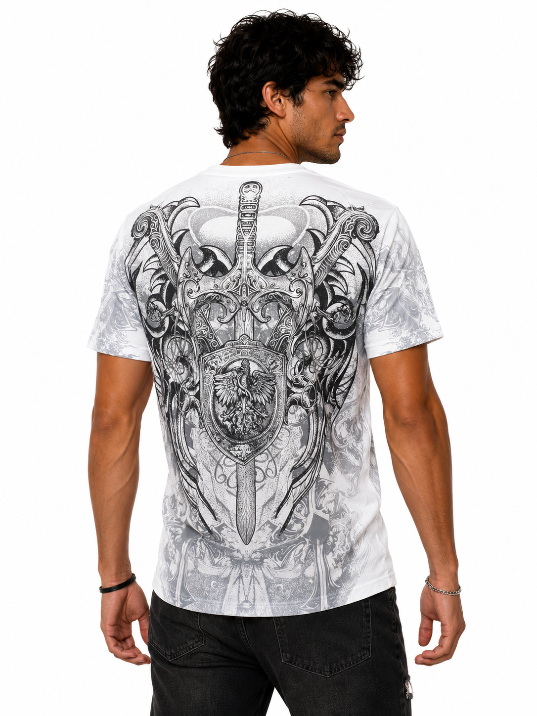 Konflic Gothic Cross & Medieval Sword Graphic All Over Print Men's T-Shirt