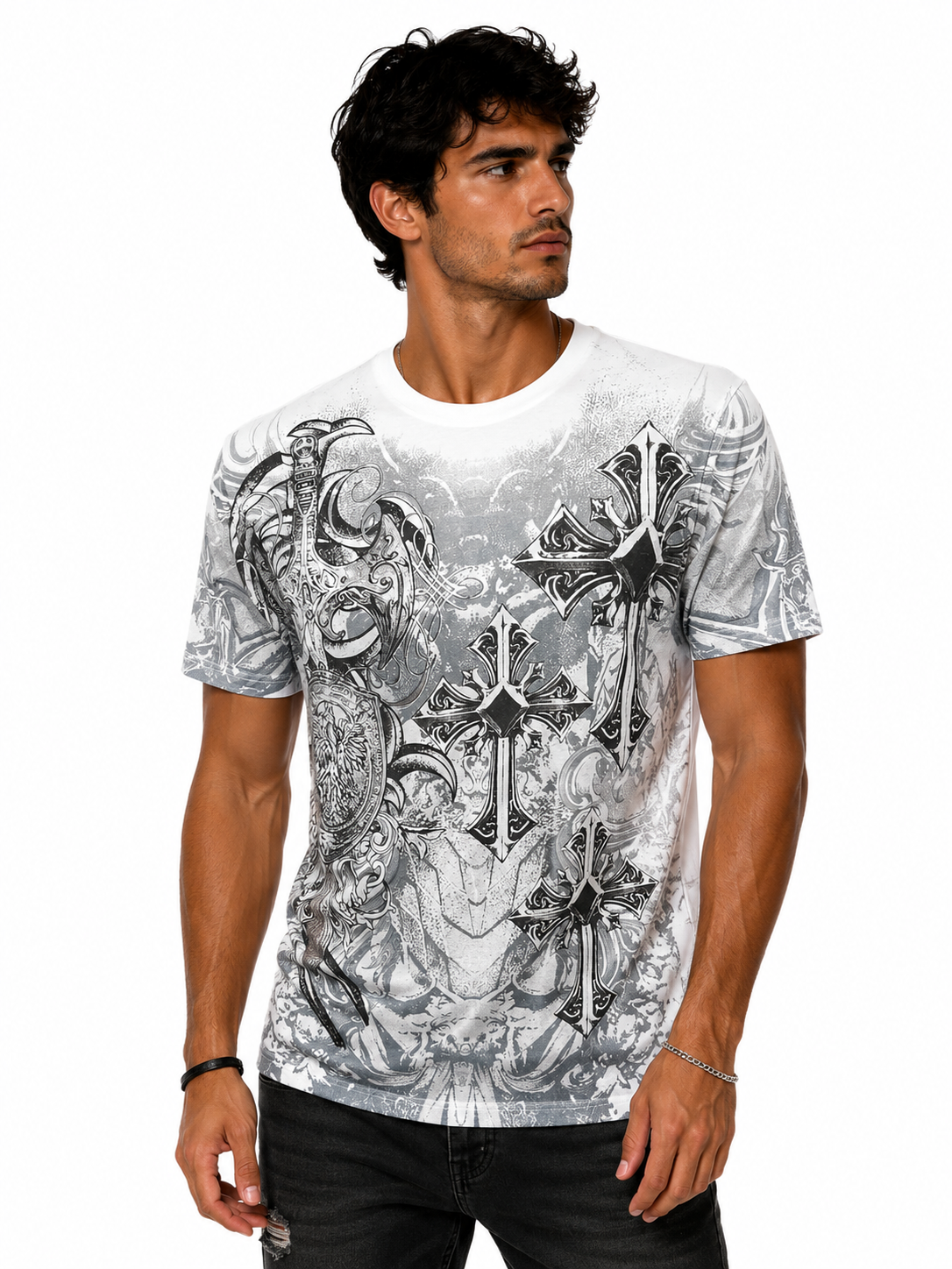 Konflic Gothic Cross & Medieval Sword Graphic All Over Print Men's T-Shirt