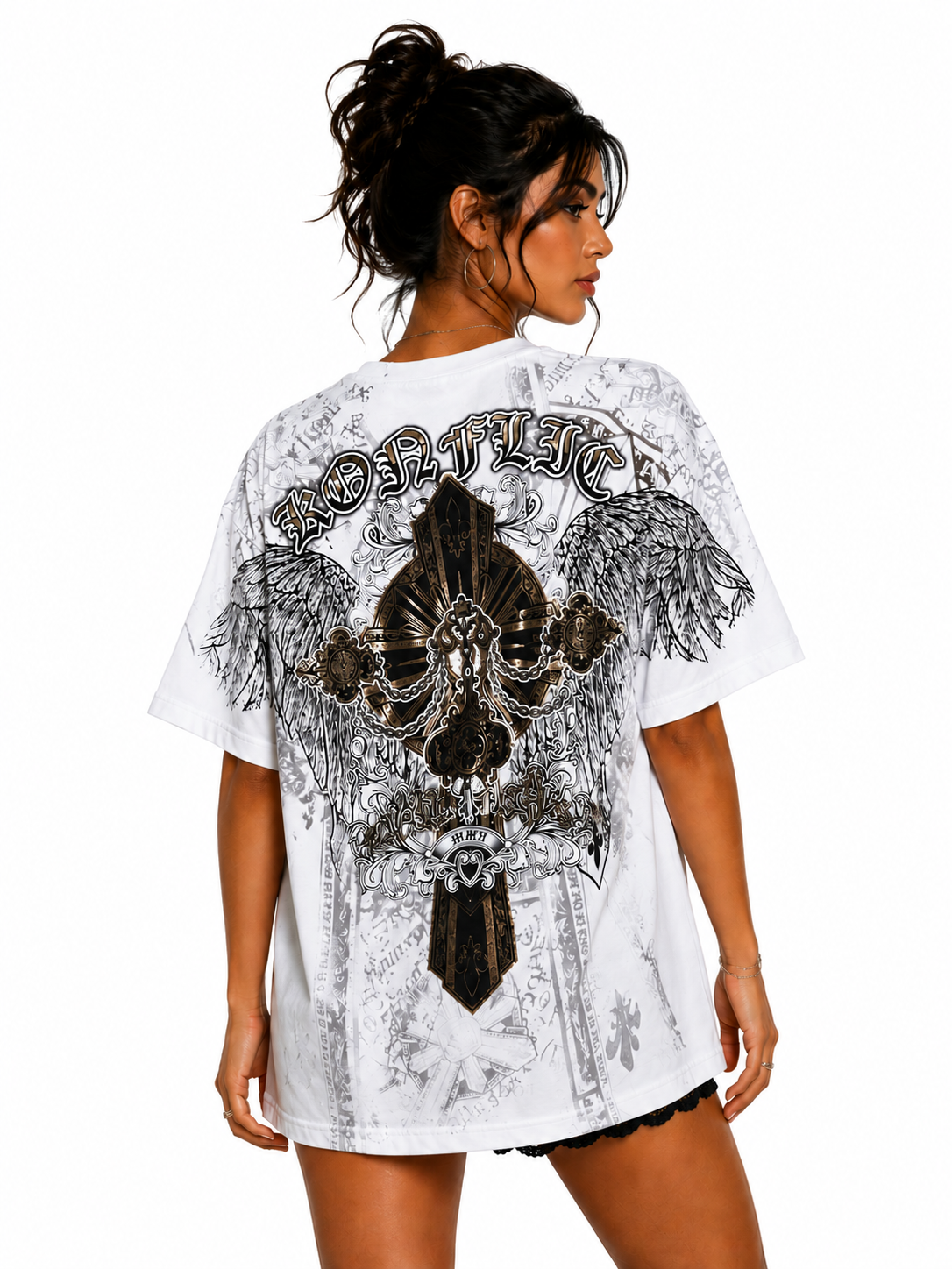 Konflic The Golden Cross with Angel Wings Graphic T Shirt