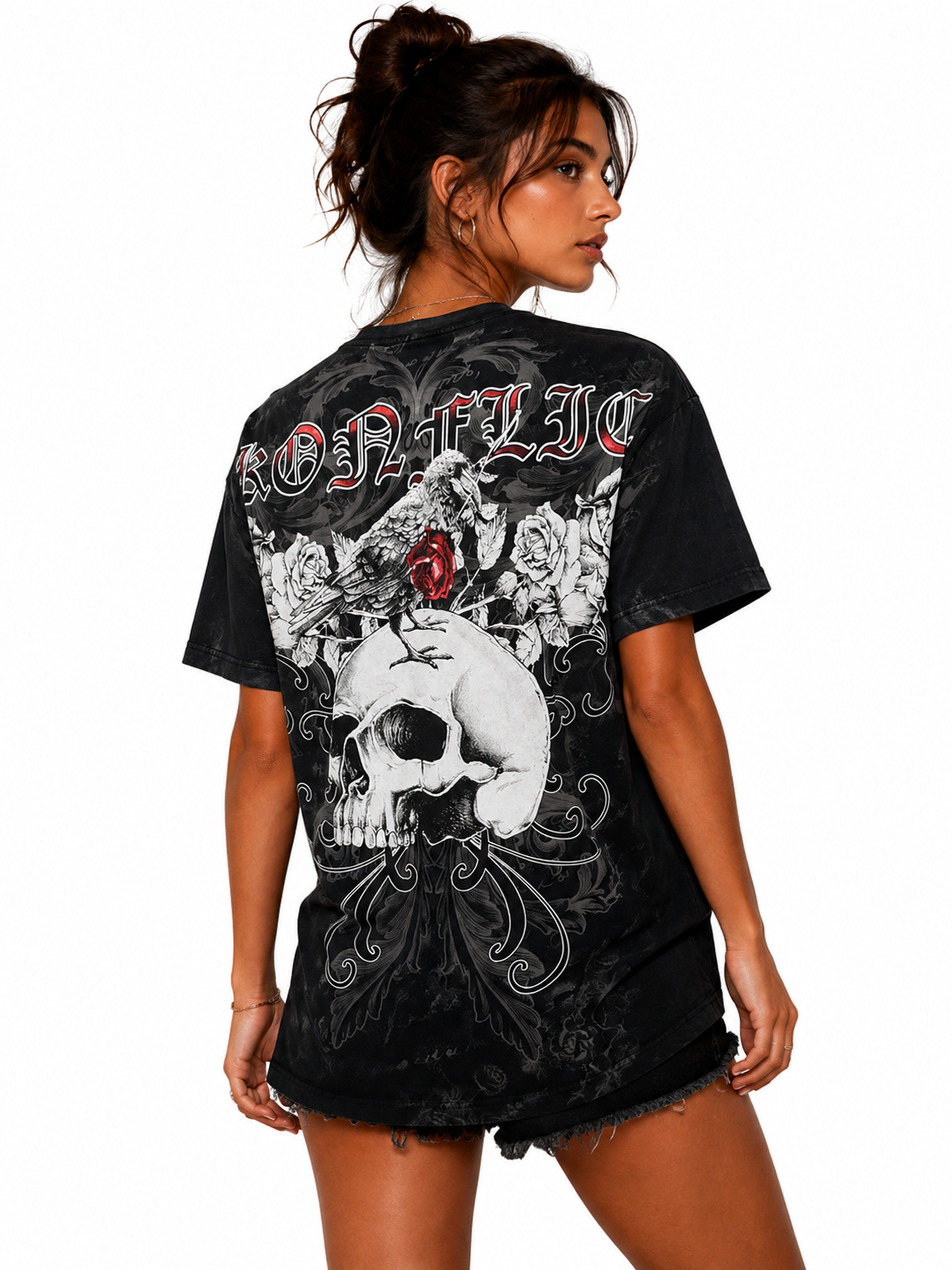 Konflic Skull with Rose & Raven Graphic All Over Print Men's T-Shirt "Red Foil"