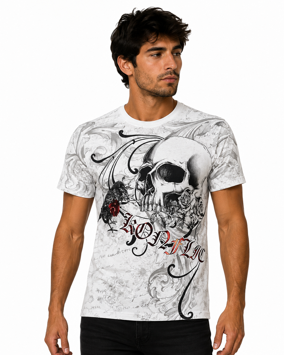 Konflic Skull with Rose & Raven Graphic All Over Print Men's T-Shirt "Red Foil"