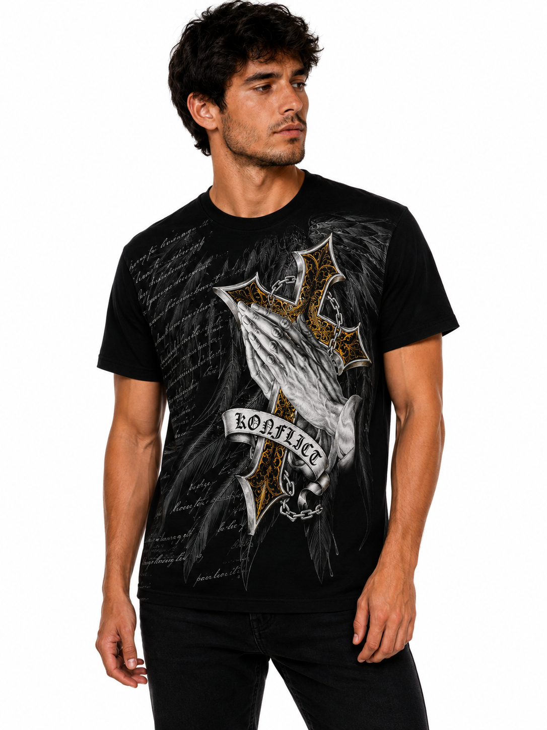 Konflic Men's Praying Hands & Ornate Cross Graphic T-Shirt