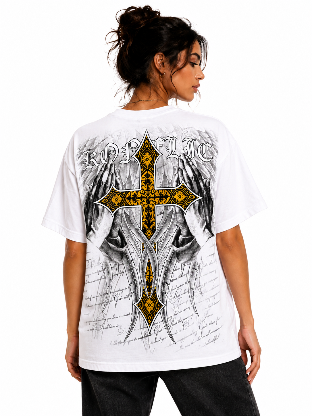 Konflic Men's Praying Hands & Ornate Cross Graphic T-Shirt