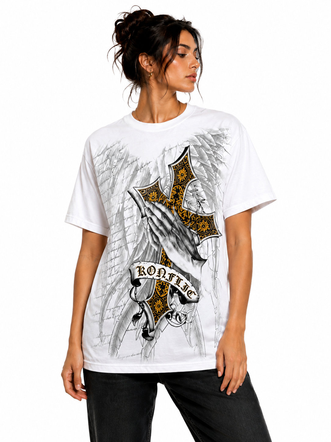 Konflic Men's Praying Hands & Ornate Cross Graphic T-Shirt