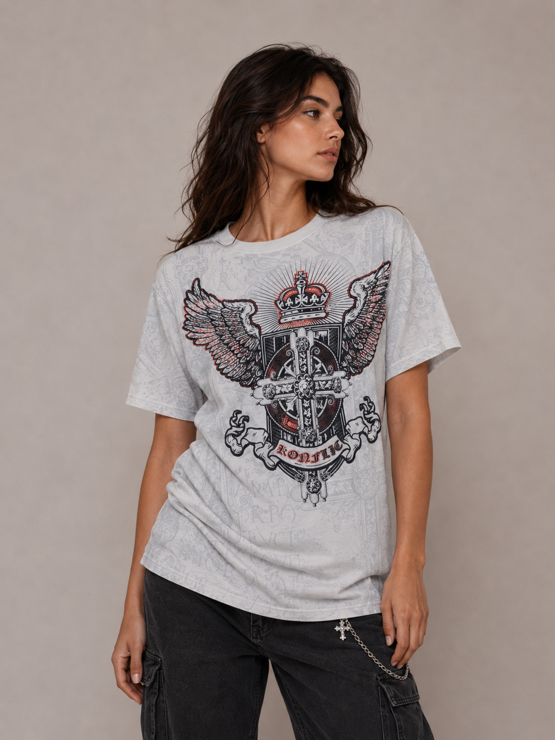 Konflic Men's Crowned Gothic Cross and Shield Graphic All Over Print T-Shirt