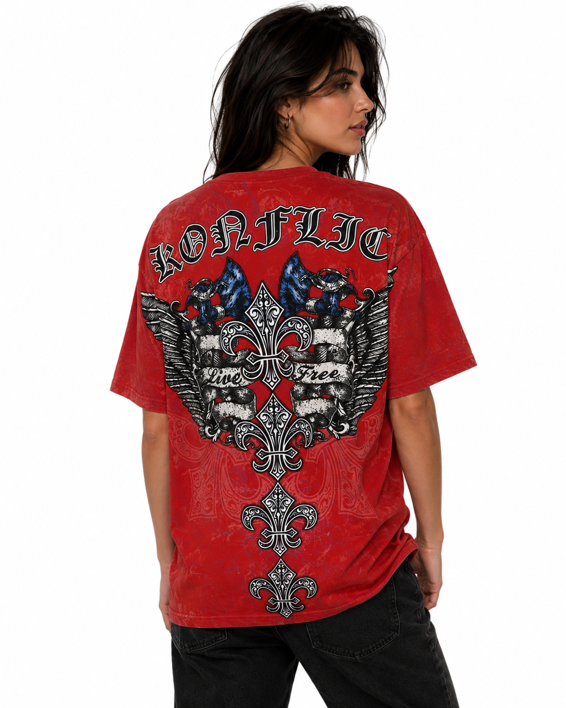 Konflic Men's Live Free Dagger and Angel Wings Graphic All Over Print T-Shirt