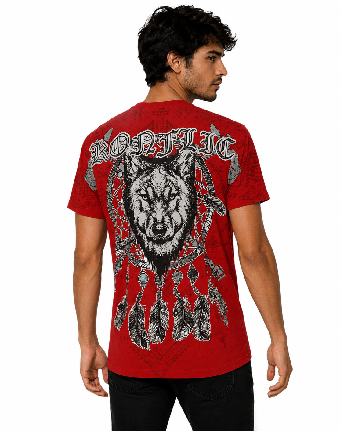 Konflic Dreamcatcher Wolf Head Graphic All Over Print Men's T-Shirt "Silver Foil"
