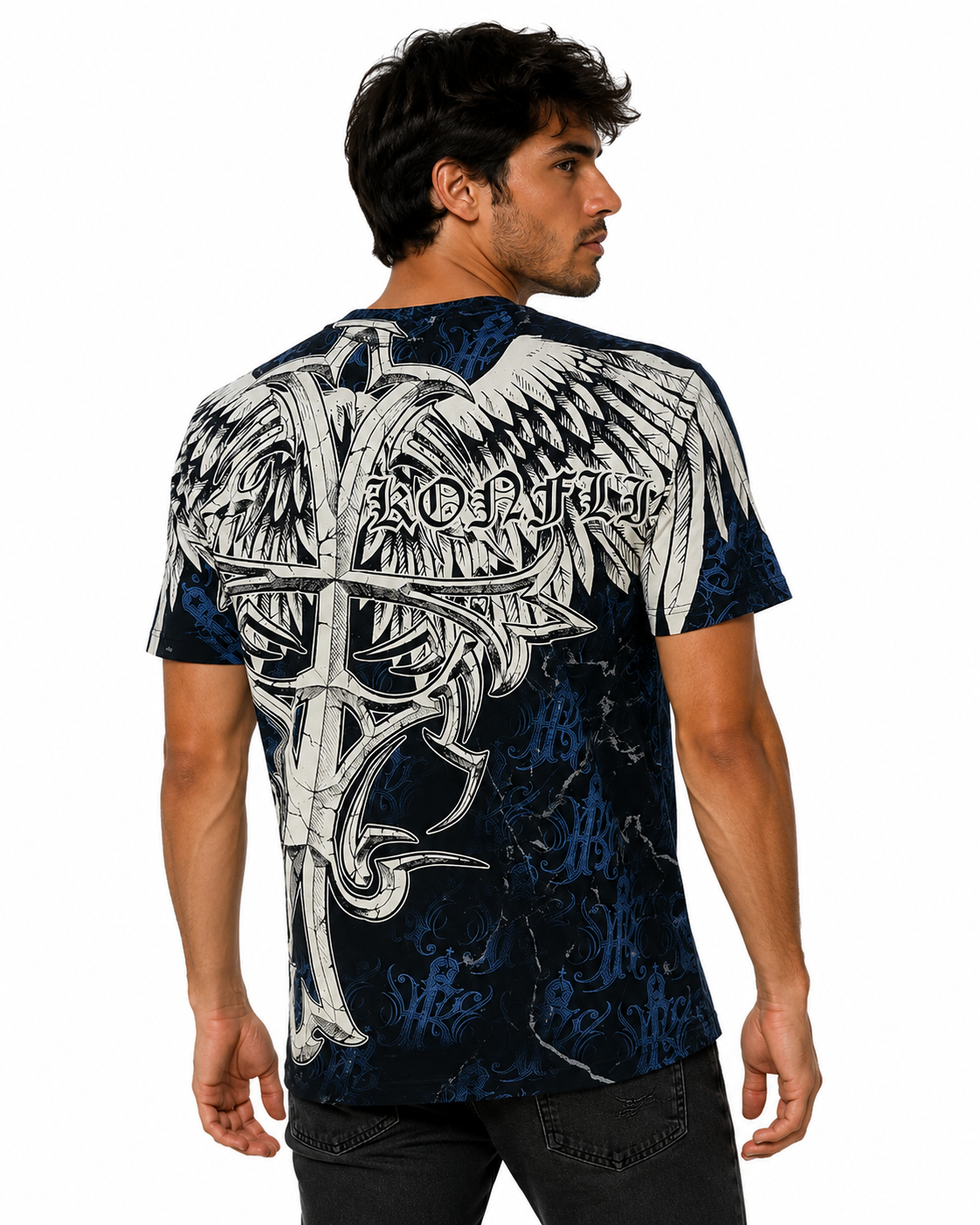Konflic Men's Tribal Cross & Feathered Wings Graphic All Over Print T-Shirt "Gold Foil"