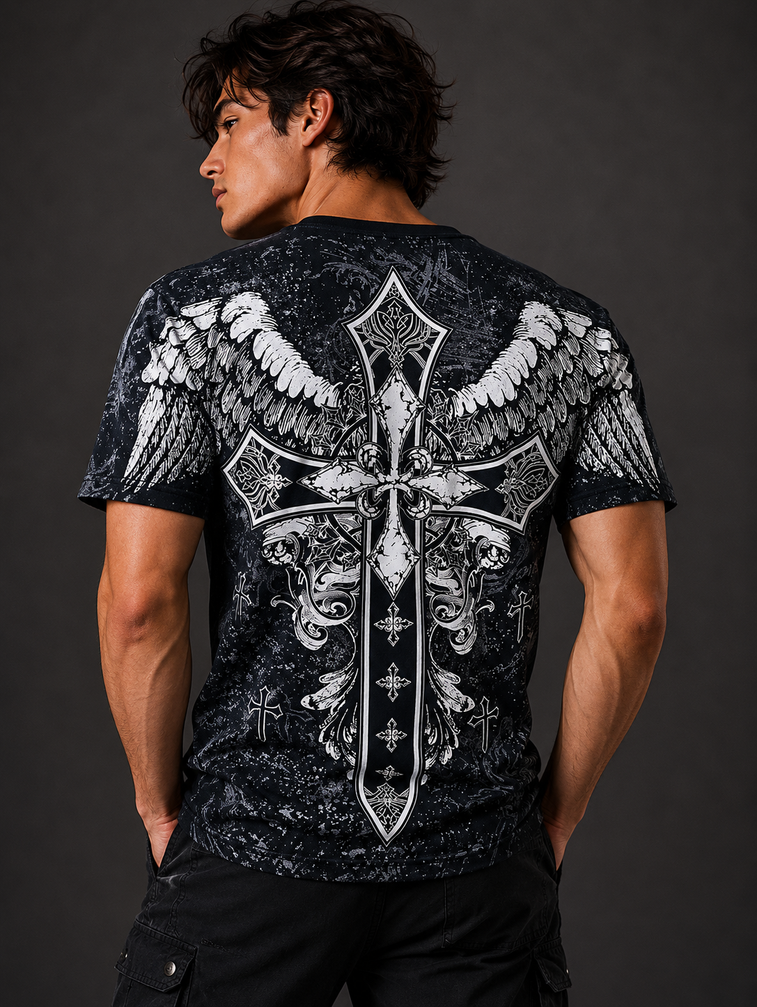 Konflic Men's Gothic Cross and Wings Crew Neck MMA T-Shirt