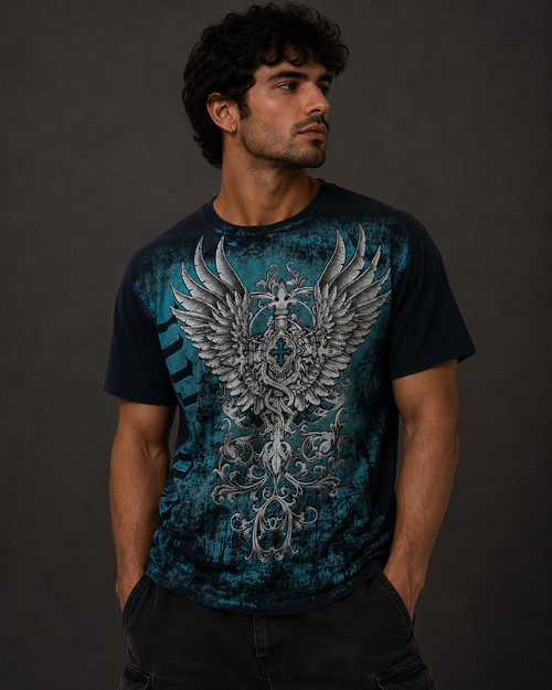 Konflic Cross and Wings with Distressed looks Graphic T Shirt