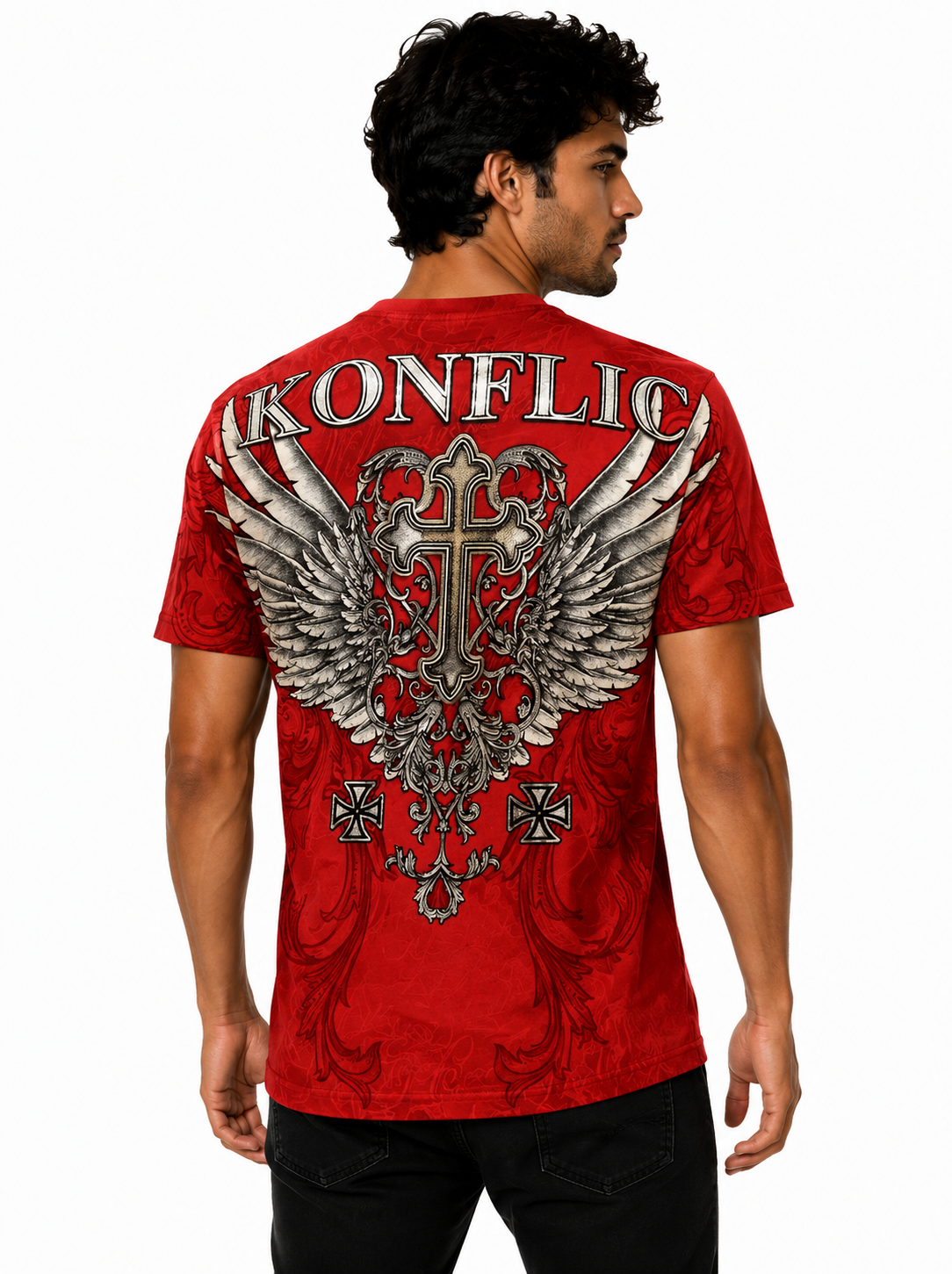 Konflic Gothic Cross & Asymmetrical Angel Wing Graphic Men's T-Shirt "Silver Foil"
