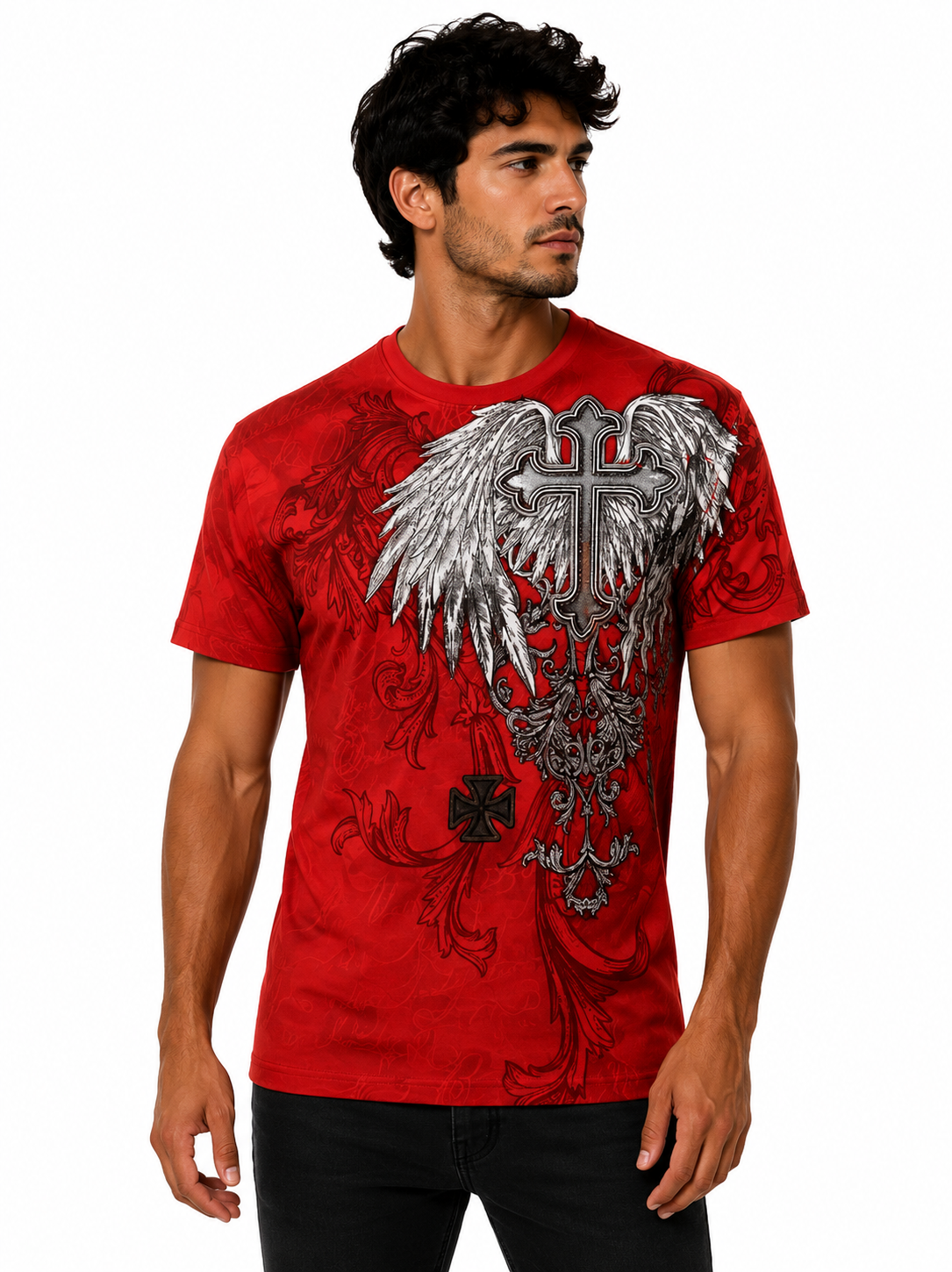 Konflic Gothic Cross & Asymmetrical Angel Wing Graphic Men's T-Shirt "Silver Foil"