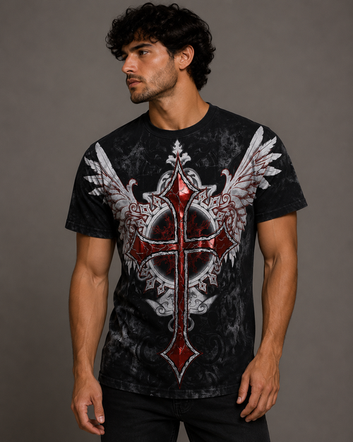 Konflic The Crusader Red Cross and Wings Graphic T Shirt