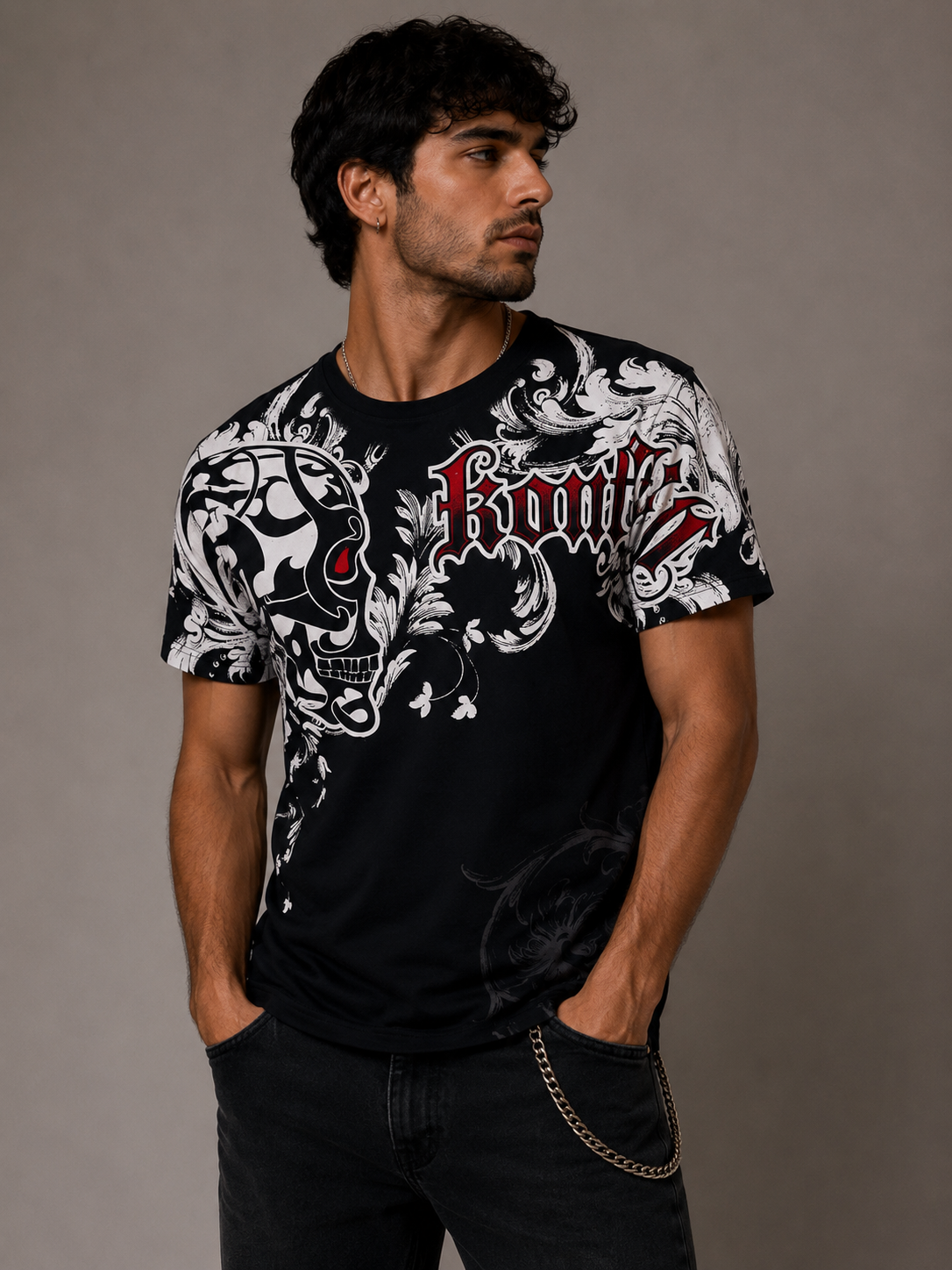 Konflic Skull of Calacas with Floral Graphic T Shirt