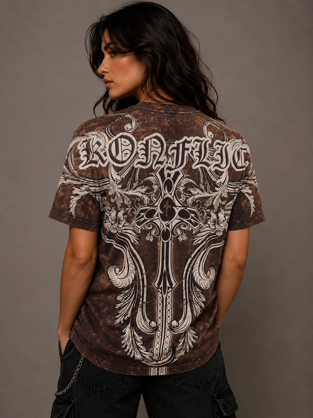 Konflic Giant Cross with Floral Graphic T Shirt