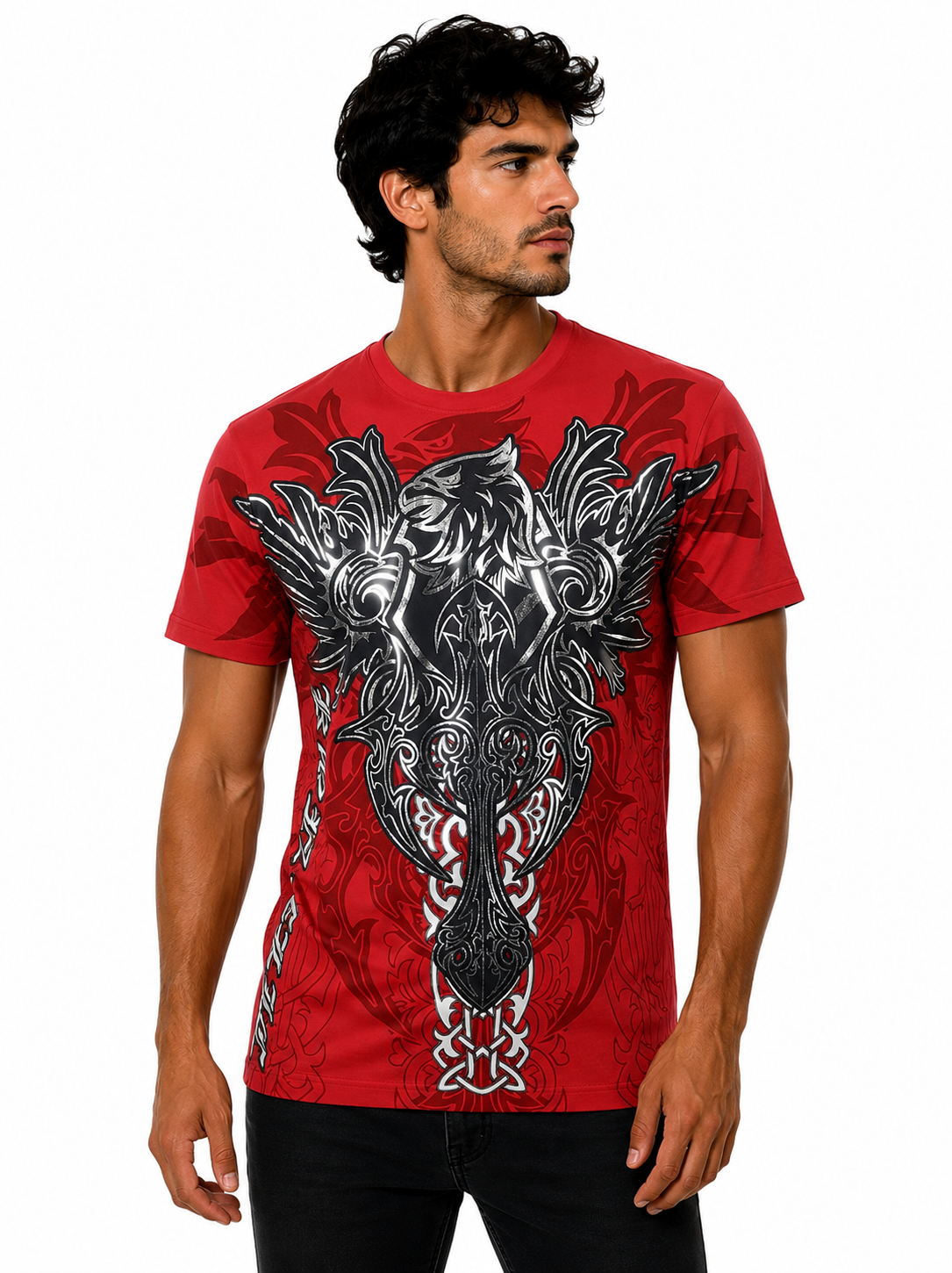 Konflic Eagle Shield & Tribal Wings Graphic All Over Print Men's T-Shirt "Silver Foil"