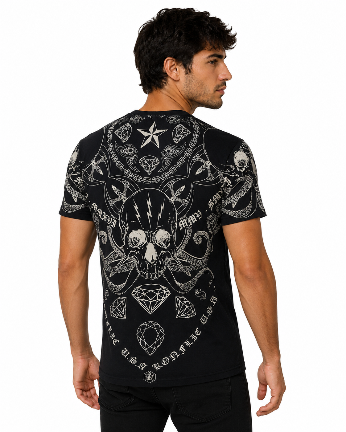 Konflic Men's Lightning Skull & Crossed Diamond Graphic All Over Print T-Shirt "Gold Foil"