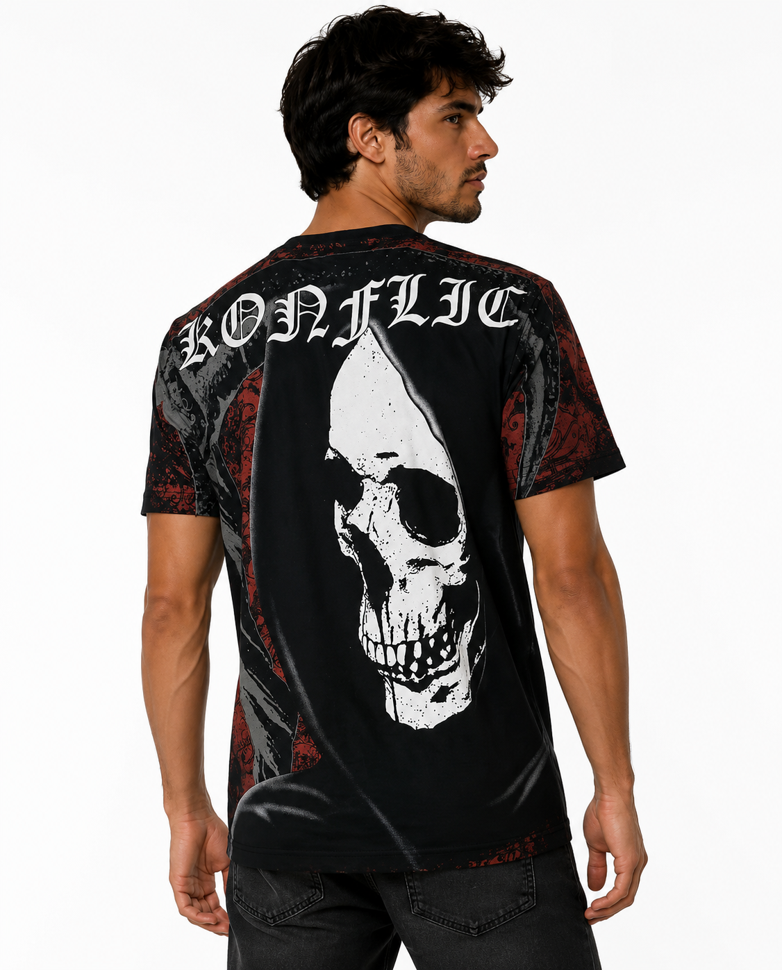 Konflic Men's Grim Reaper Scythe Graphic All Over Print T-Shirt "Gold Foil"