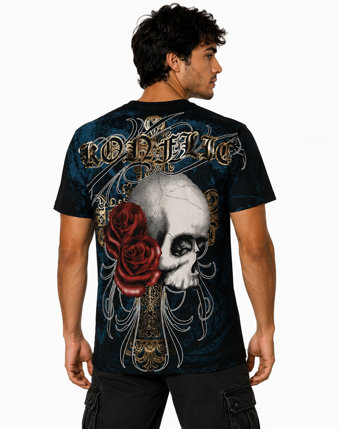 Konflic Men's Skull & Crimson Roses Graphic All Over Print T-Shirt "Gold Foil"
