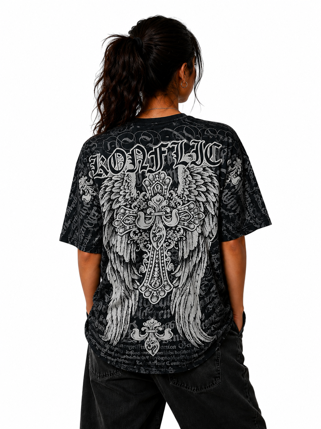 Konflic Fleur-de-Lis Gothic Cross & Angel Wings Graphic All Over Print Men's T-Shirt "Gold Foil"
