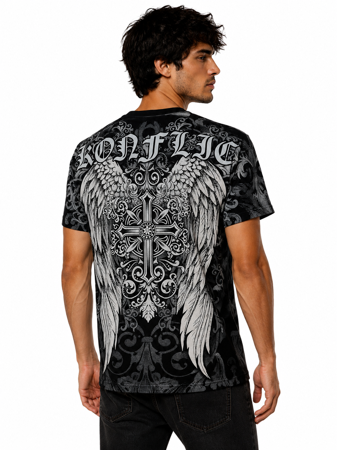 Konflic Men's Medieval Cross & Wings Graphic All Over Print T-Shirt "Gold Foil"