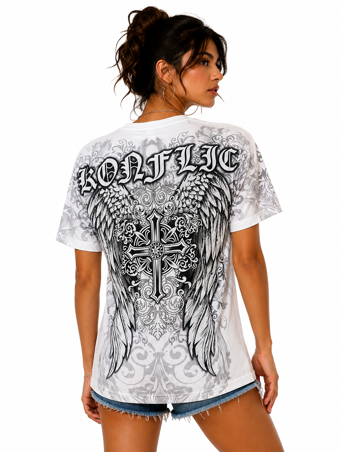 Konflic Men's Medieval Cross & Wings Graphic All Over Print T-Shirt "Gold Foil"