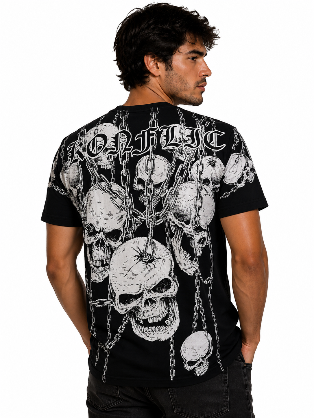 Konflic Men's Hanging Skulls & Heavy Chains Graphic All Over Print T-Shirt "Gold Foil"